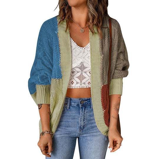 Damen nan lässige Strickjacke im Patchwork-Stil mit offener Front und 3/4-Ärmeln EB