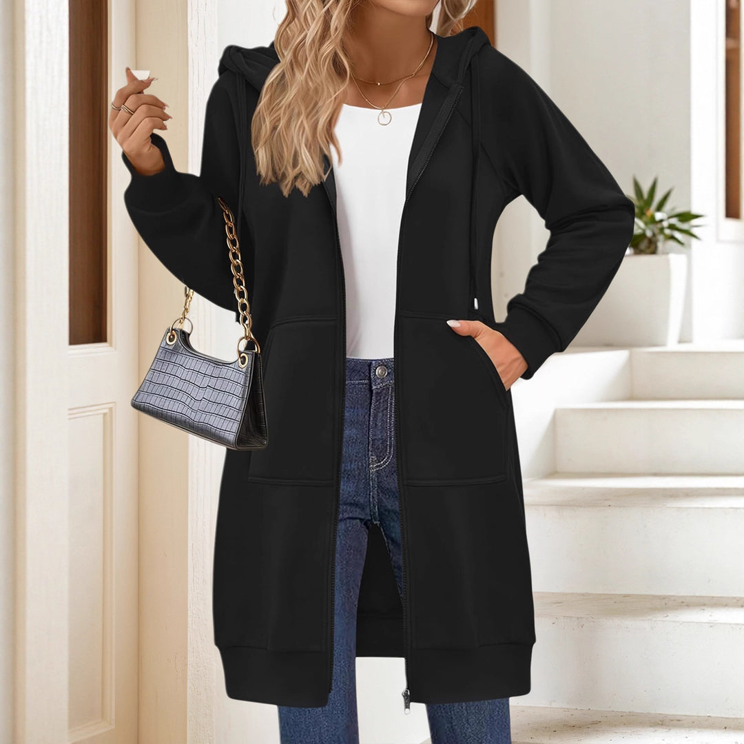 Damen Lange Kapuzenjacke mit Reißverschluss und praktischen Taschen EB