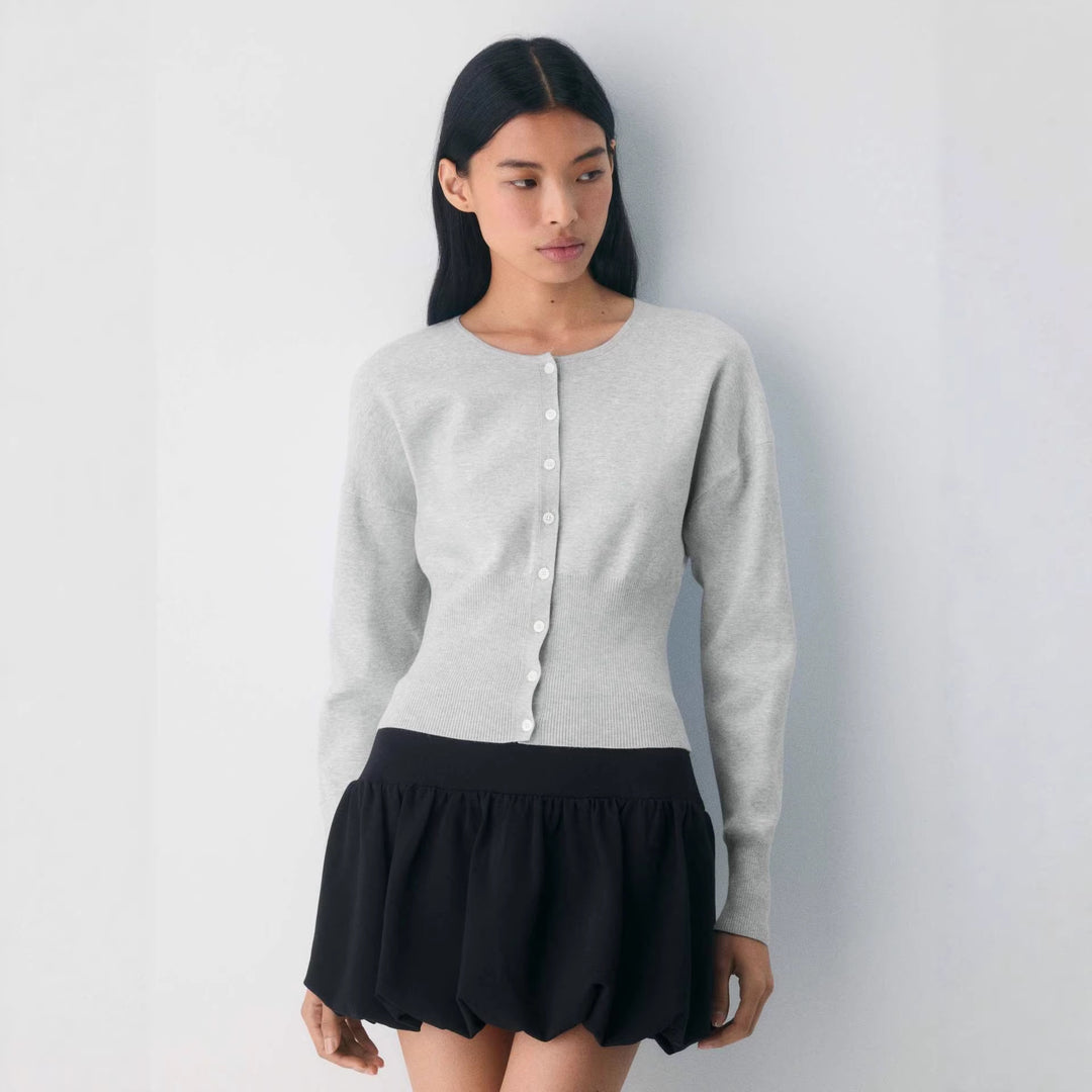 Damen Cropped Strickjacke mit Knopfleiste und Rippstrick EB
