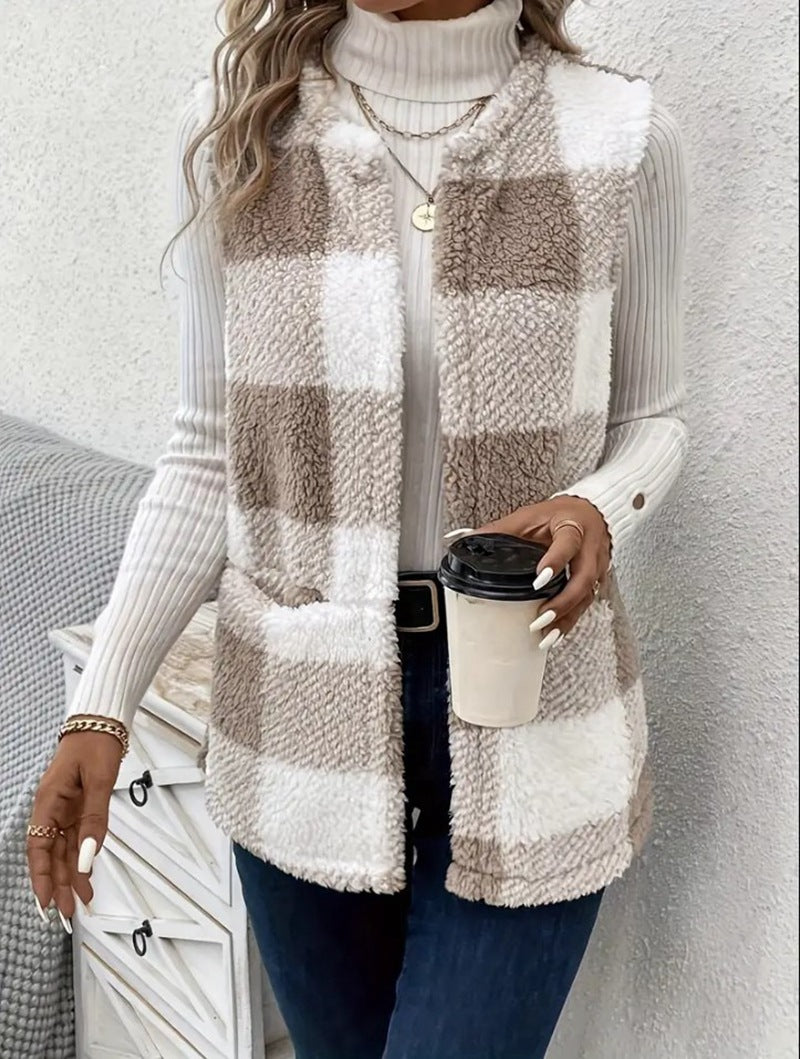 Damen Weicher Plaid-Weste mit seitlichen Taschen und gemütlichem Schnitt EB