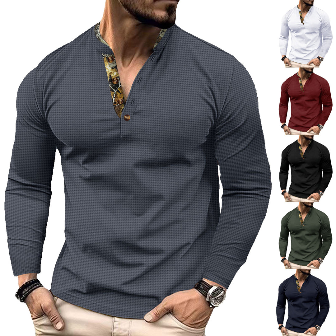 Herren nan langärmeliges Henley-Shirt mit Stehkragen und gemustertem Knopfleistenbesatz EB
