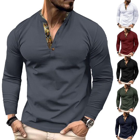 Herren nan langärmeliges Henley-Shirt mit Stehkragen und gemustertem Knopfleistenbesatz EB
