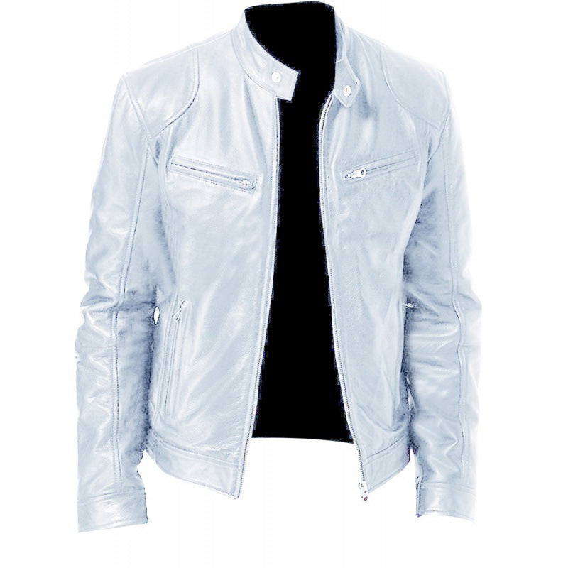 Herren nan schlanke Echtleder-Bikerjacke mit Stehkragen, zwei Brust-Reißverschlusstaschen und geradliniger Silhouette EB