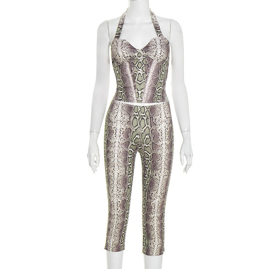 Damen trendiger Schlangenprint Jumpsuit mit tiefem Ausschnitt EB