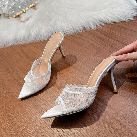 Damen elegante Mules mit Spitze und feiner Spitze EB