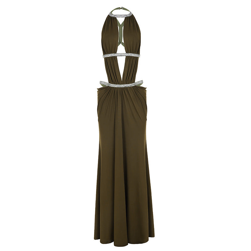 Damen Maxikleid mit tiefem V-Ausschnitt und elegantem Rückendetail EB