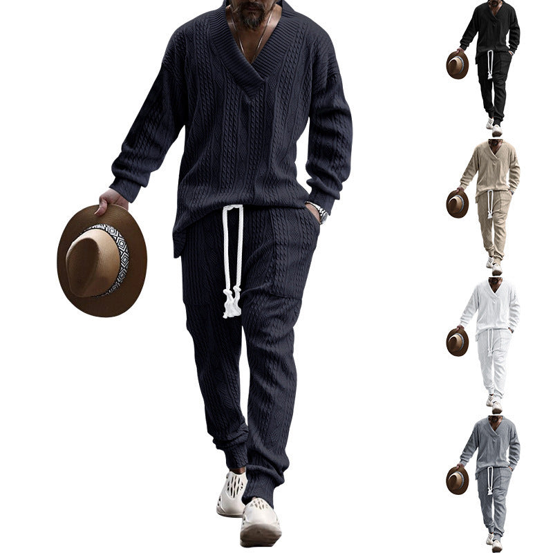Herren nan grobes Strick-Loungewear-Set mit tiefem V‑Ausschnitt, Kordelzughose und Rippbündchen EB