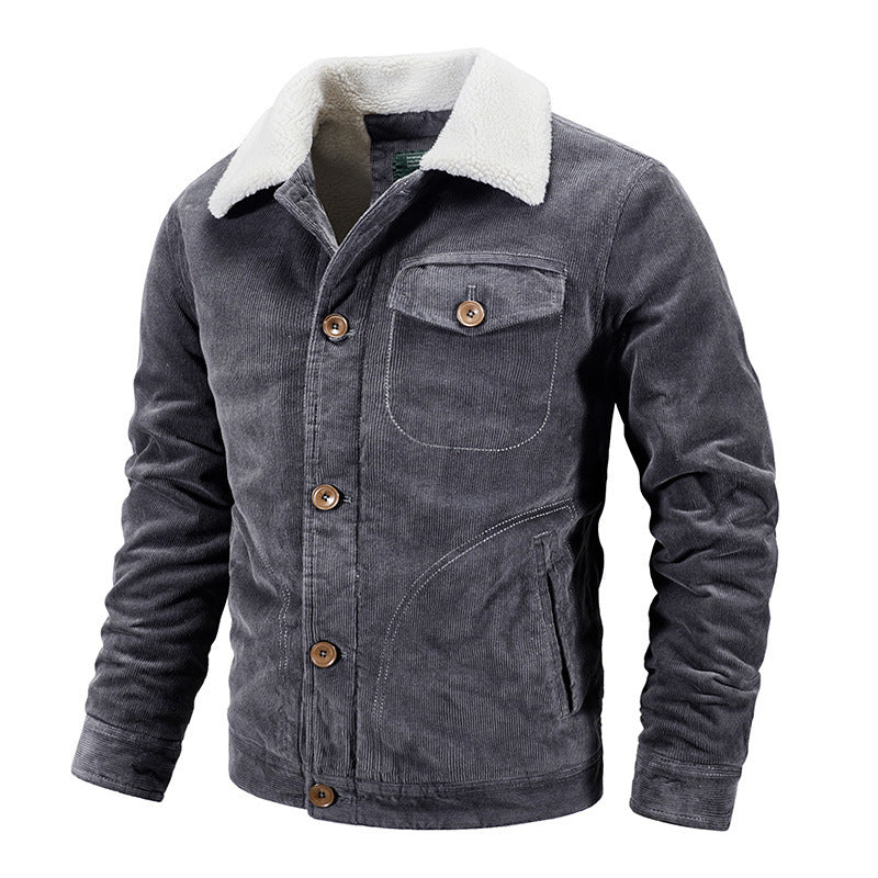 Herren Cord-Truckerjacke mit wärmendem Sherpa-Kragen und Holzknopffront EB