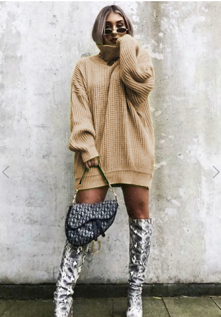Damen Oversized Strickpullover mit hohem Kragen und Waffelmuster EB
