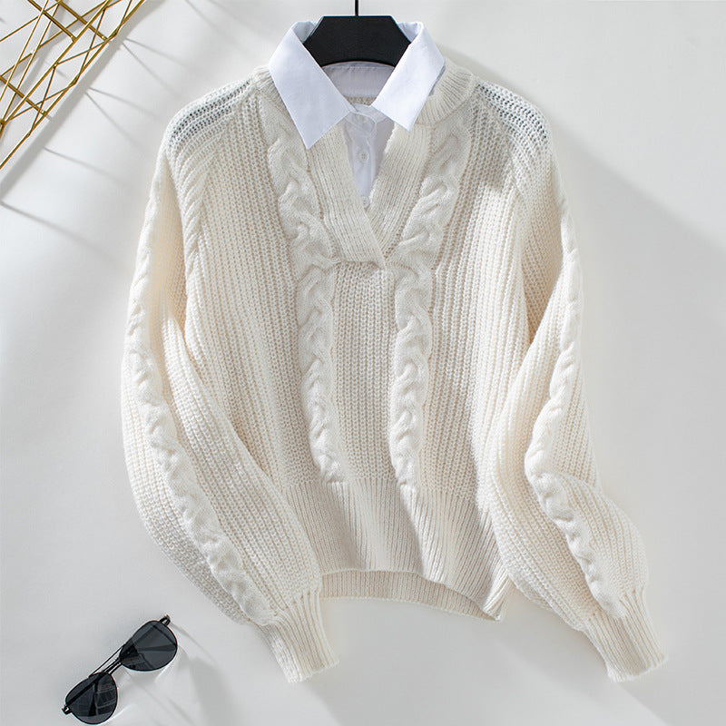 Damen Strickpullover mit Zopfdesign und modernem Kragen EB