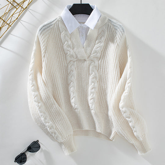 Damen Strickpullover mit Zopfdesign und modernem Kragen EB