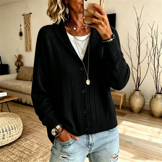 Damen Langer Schalkragen-Cardigan aus Zopfmuster mit gerippten Bündchen EB