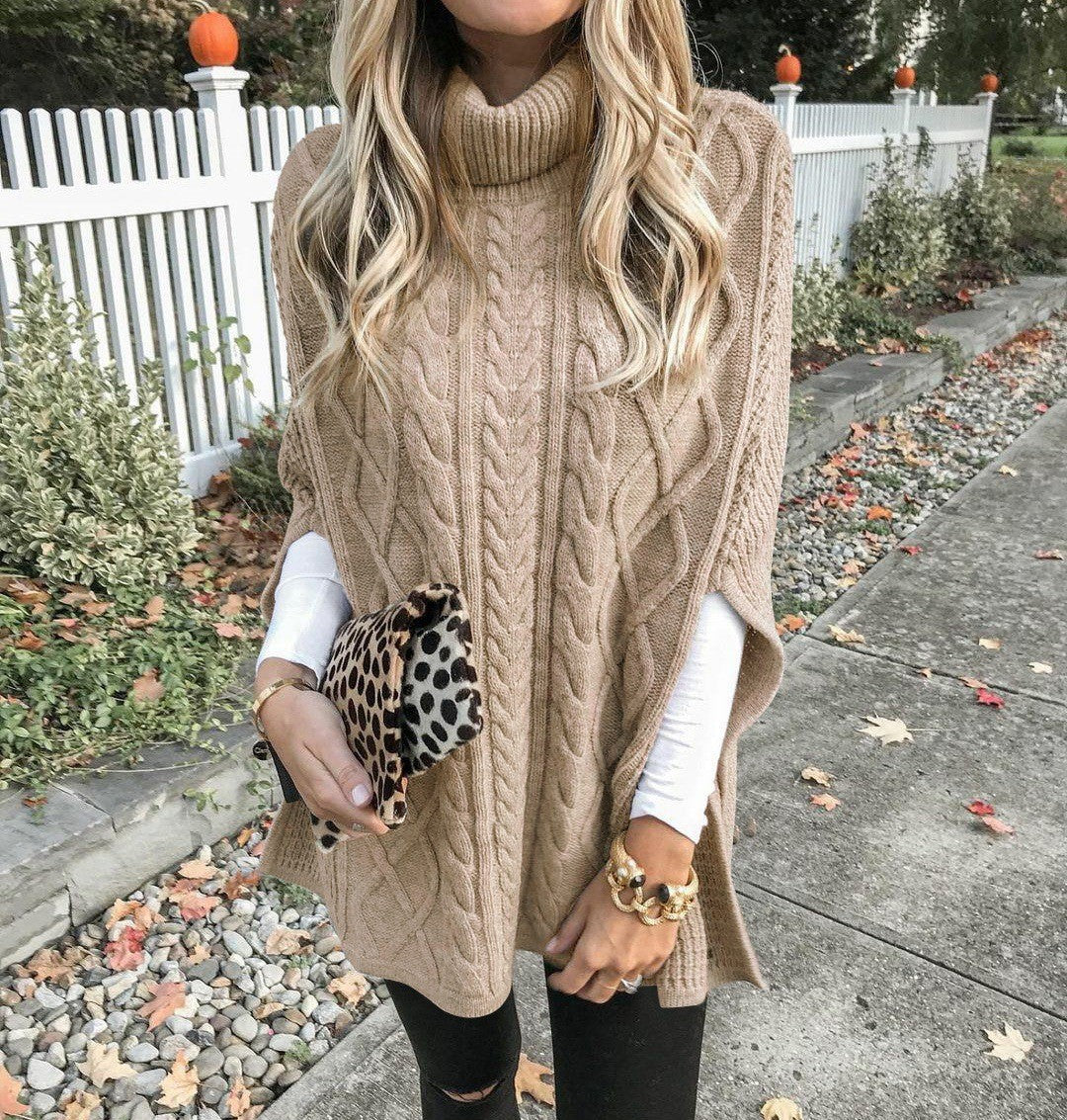 Damen Strickponcho mit hohem Kragen und dekorativem Zopfmuster EB
