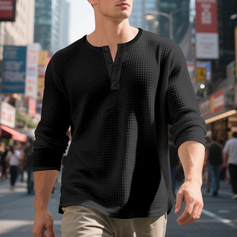 Herren nan Waffelstruktur-Henley-Langarmshirt mit Rundhalsausschnitt, mehrfacher Knopfleiste und entspannter Passform EB