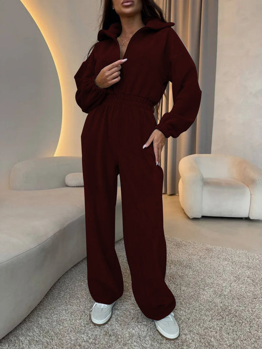 Damen Oversized Loungewear-Jumpsuit mit halbem Reißverschluss und elastischer Taillenraffung EB