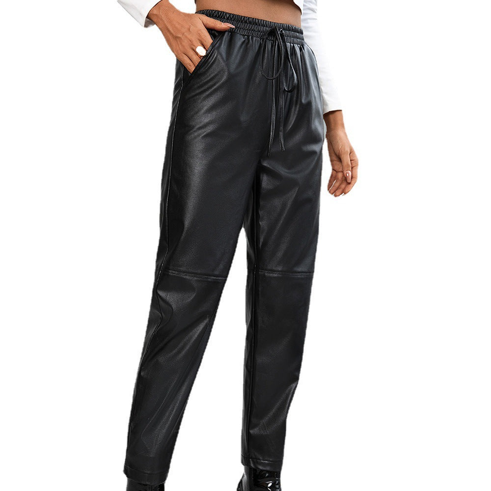 Damen modische Kunstlederhose mit elastischem Bund und seitlichen Taschen EB
