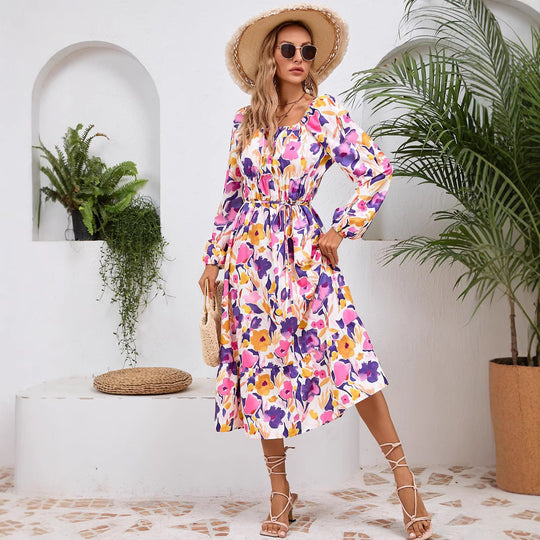 Damen Maxikleid mit floralem Design und elastischem Taillengürtel EB