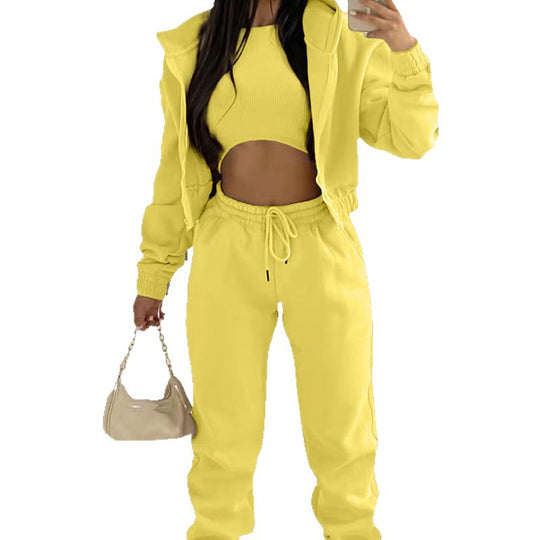 Damen stylischer Sportanzug mit lässiger Kapuzenjacke und elastischen Bundelementen EB