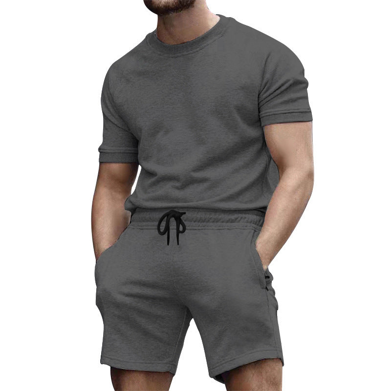Herren nan kurzärmeliges Sweat-Set aus weichem Sweatstoff mit Rundhalsshirt und Kordelzug-Shorts EB