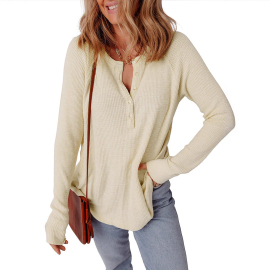 Damen lässiger Henley-Pullover aus strukturiertem Material EB