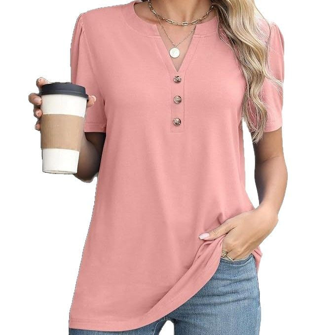 Damen modisches T-Shirt mit Knopfdetail und kurzen Ärmeln EB