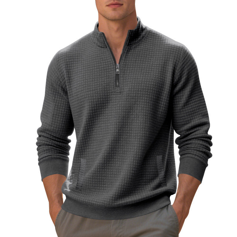 Herren Waffelstrick-Halbzip-Pullover mit Stehkragen, Kängurutasche & gerippten Abschlüssen EB