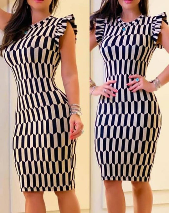 Damen Figurbetontes Kleid mit Rüschendetails und geometrischem Muster EB