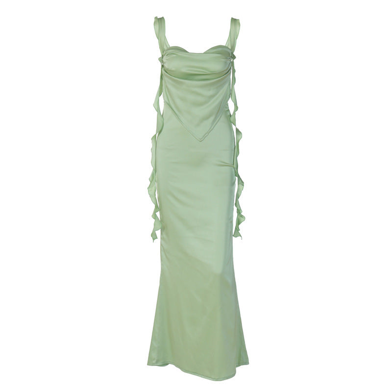 Damen Elegantes Maxikleid mit drapierter Vorderseite und Rüschendetails EB