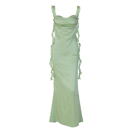 Damen Elegantes Maxikleid mit drapierter Vorderseite und Rüschendetails EB