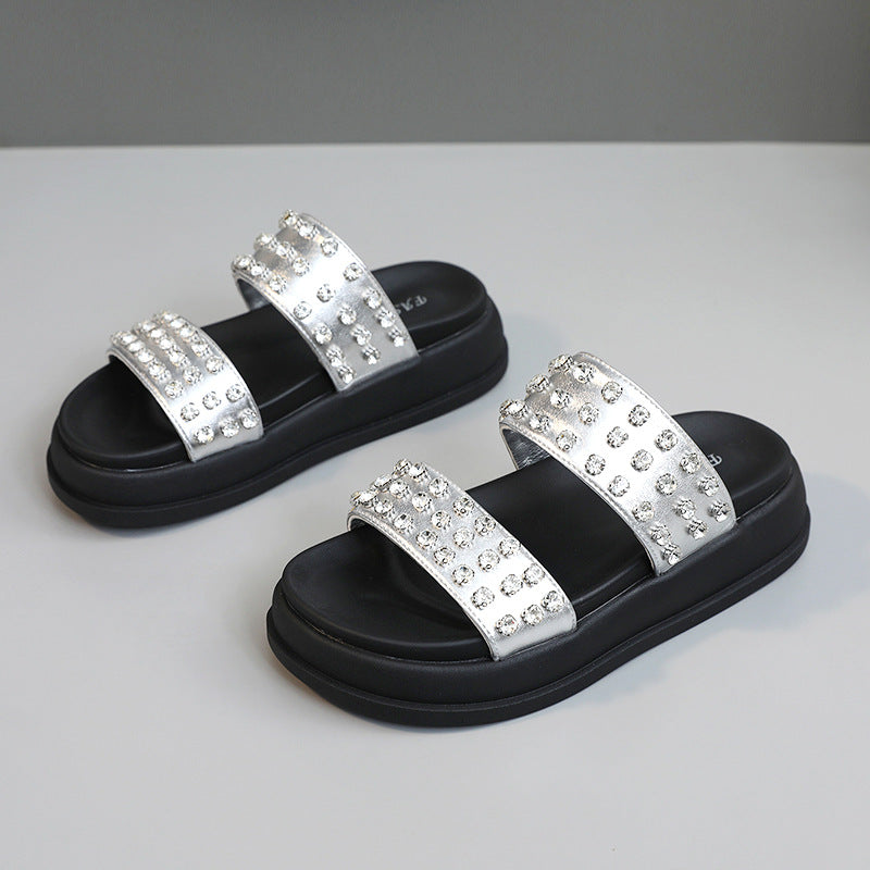 Damen Glamouröse Strandsandalen mit funkelnden Kristall-Applikationen EB