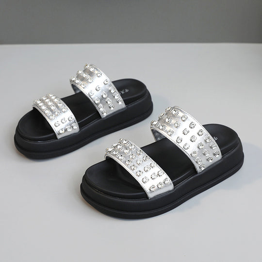Damen Glamouröse Strandsandalen mit funkelnden Kristall-Applikationen EB