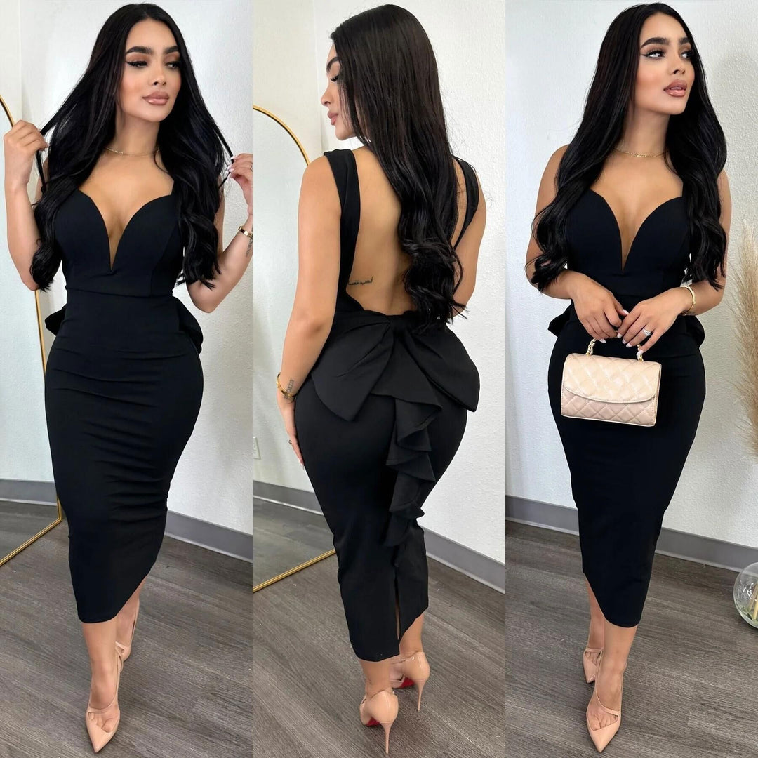 Damen figurbetontes Midikleid mit tiefem V-Ausschnitt und peplum Saum EB