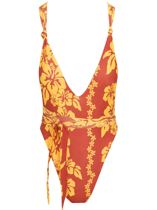 Damen Einteiler-Badeanzug mit tiefem V-Ausschnitt und floralem Design EB