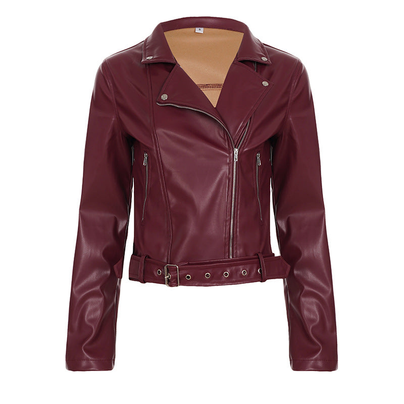 Damen nan taillierte Bikerjacke aus Kunstleder mit asymmetrischem Reißverschluss, metallischen Details und Taillengürtel EB
