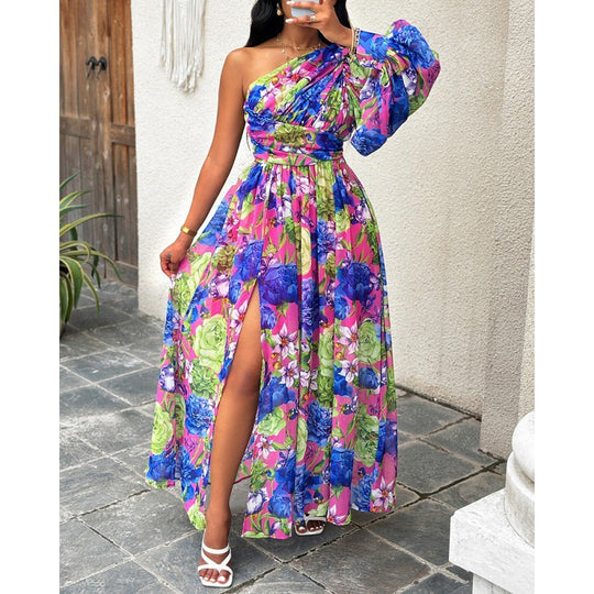 Damen Blumen Ein-Schulter Maxi Kleid EB