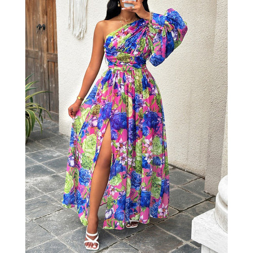 Damen Blumen Ein-Schulter Maxi Kleid EB