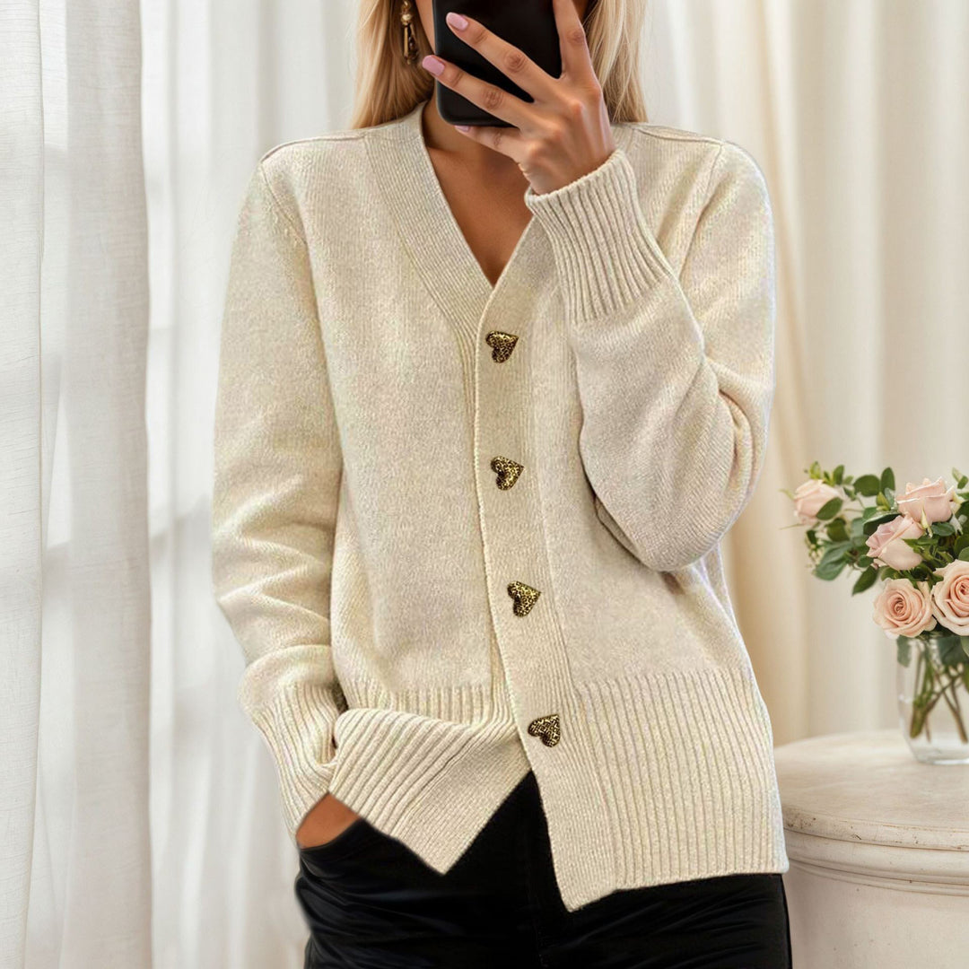 Damen nan lockerer Strickcardigan mit Herzknöpfen und geripptem Saum EB