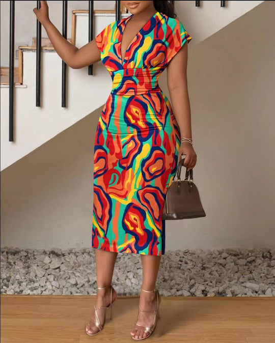 Damen Midi-Kleid mit modernem abstraktem Streifenmuster EB