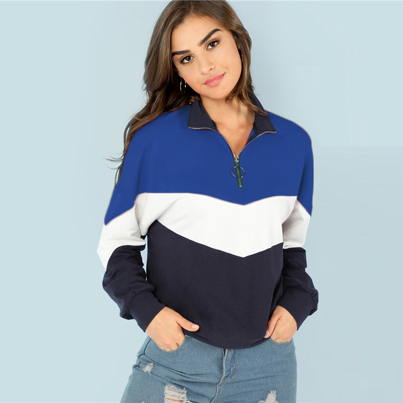 Damen sportlicher Sweatshirt mit hohem Kragen und farblich abgesetztem Design EB