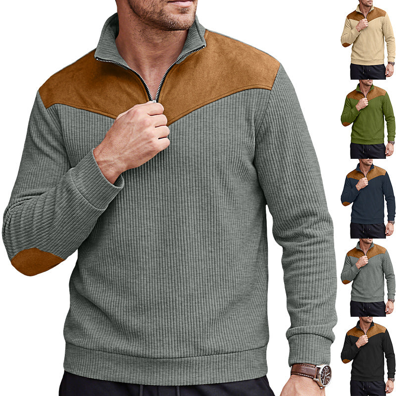 Herren Strickpullover mit Troyerkragen, Rippenstruktur und Ellbogen-Patches EB
