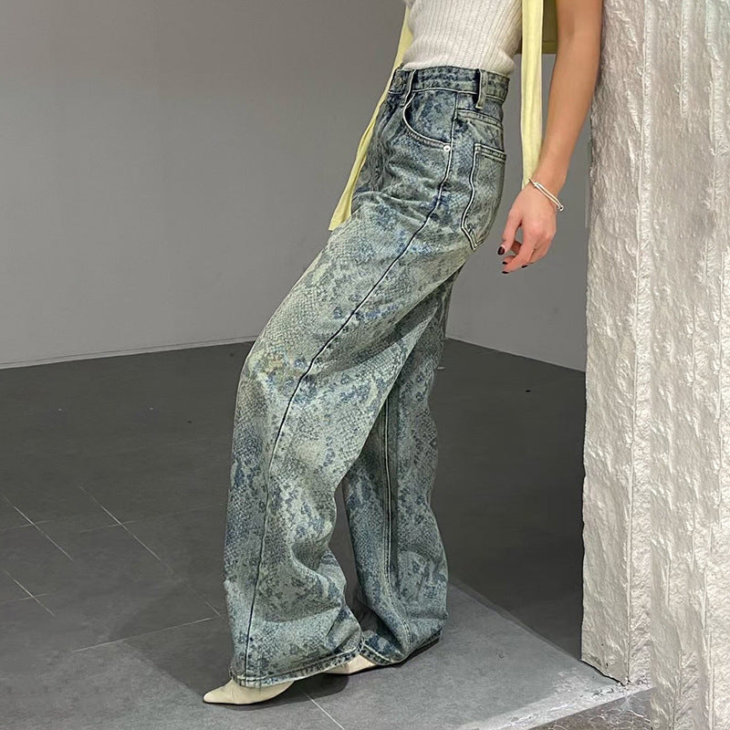 Damen nan hochgeschnittene Jeans mit Schlangenprint, weitem Bein und geradem Schnitt EB