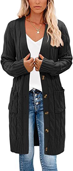 Damen Strickjacke mit asymmetrischem Zopfmuster und praktischen Taschen EB