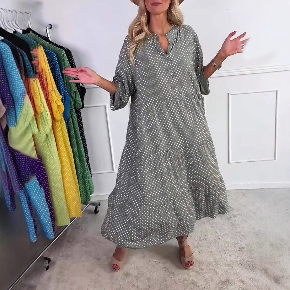 Damen nan lässiges Stufenmidikleid mit Stehkragen, verdeckter Knopfleiste und dreiviertelärmeln EB