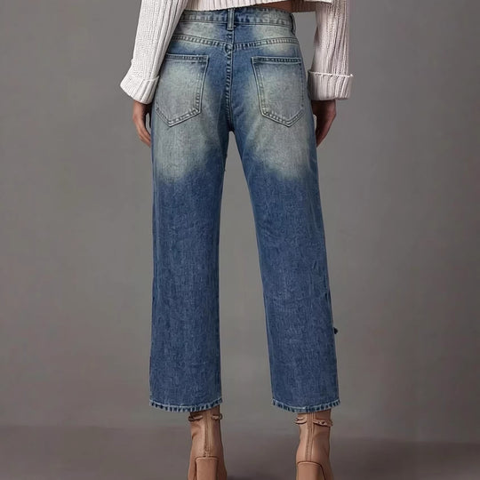Damen lässige Destroyed Jeans mit weitem Bein und trendigen Rissdetails EB