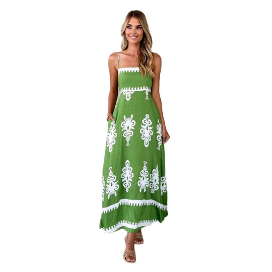 Damen Maxikleid mit floralem Muster und schwingendem Rock EB