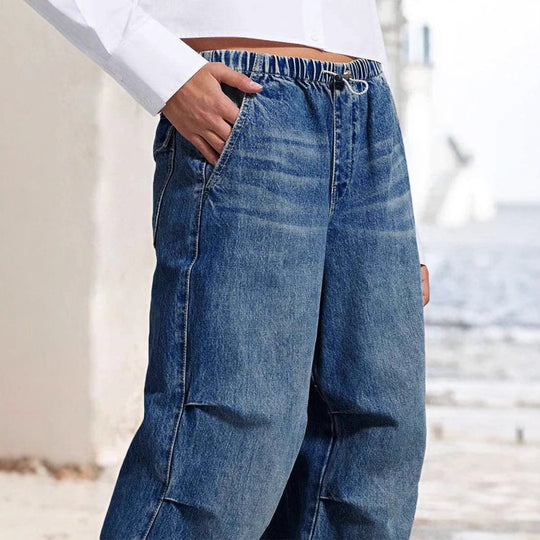 Damen weite Denim-Hose mit elastischem Bund und lässigem Design EB