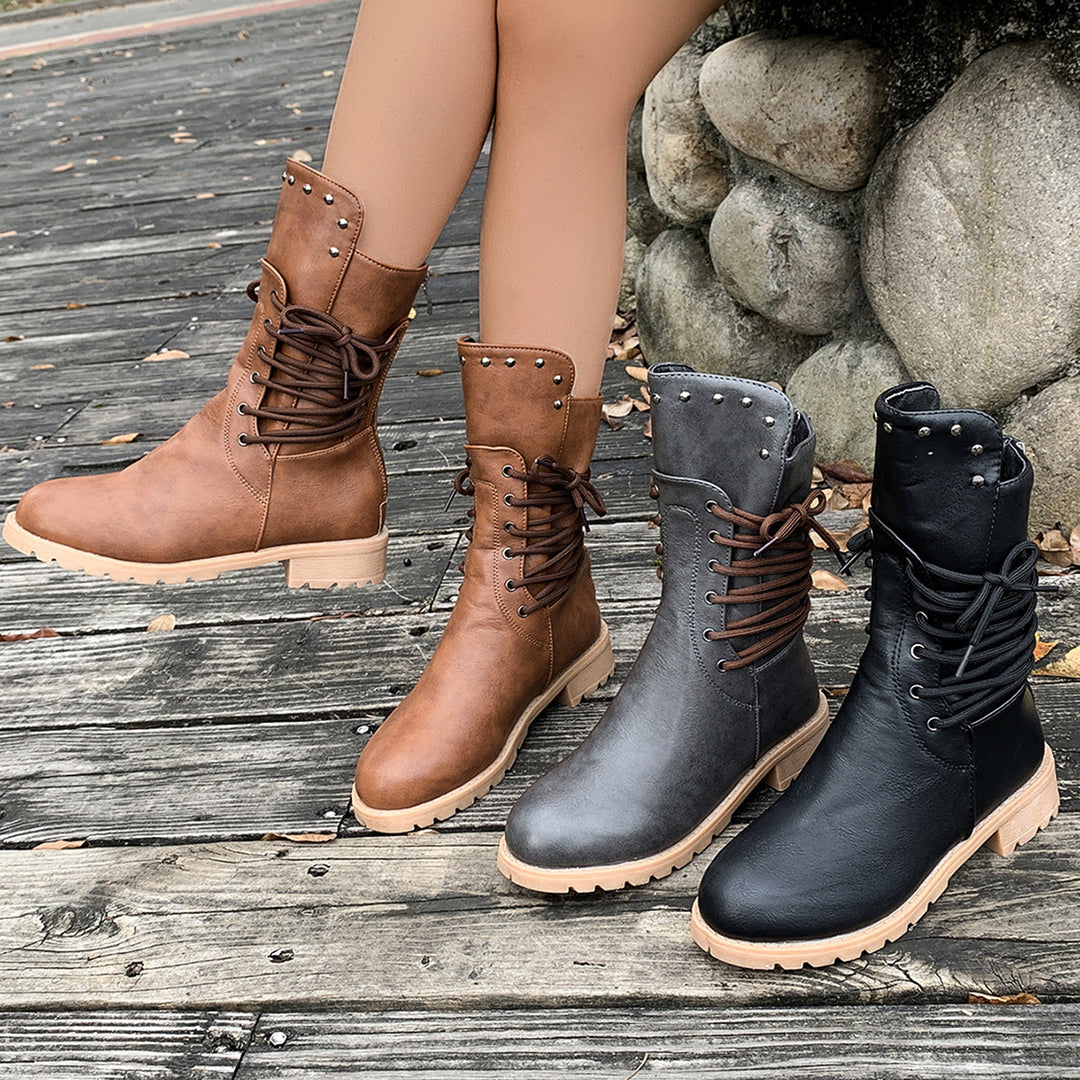 Damen Lederstiefel mit Schnürung und Nieten EB