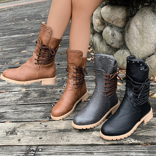Damen Lederstiefel mit Schnürung und Nieten EB