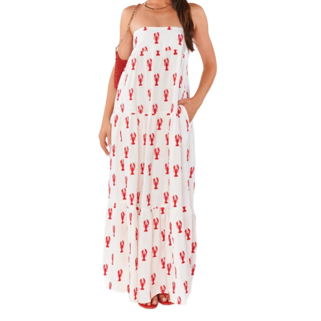 Damen nan trägerloses Stufenmaxikleid mit Bandeau-Oberteil lockerer A-Linie und maritimem Hummer-Print EB