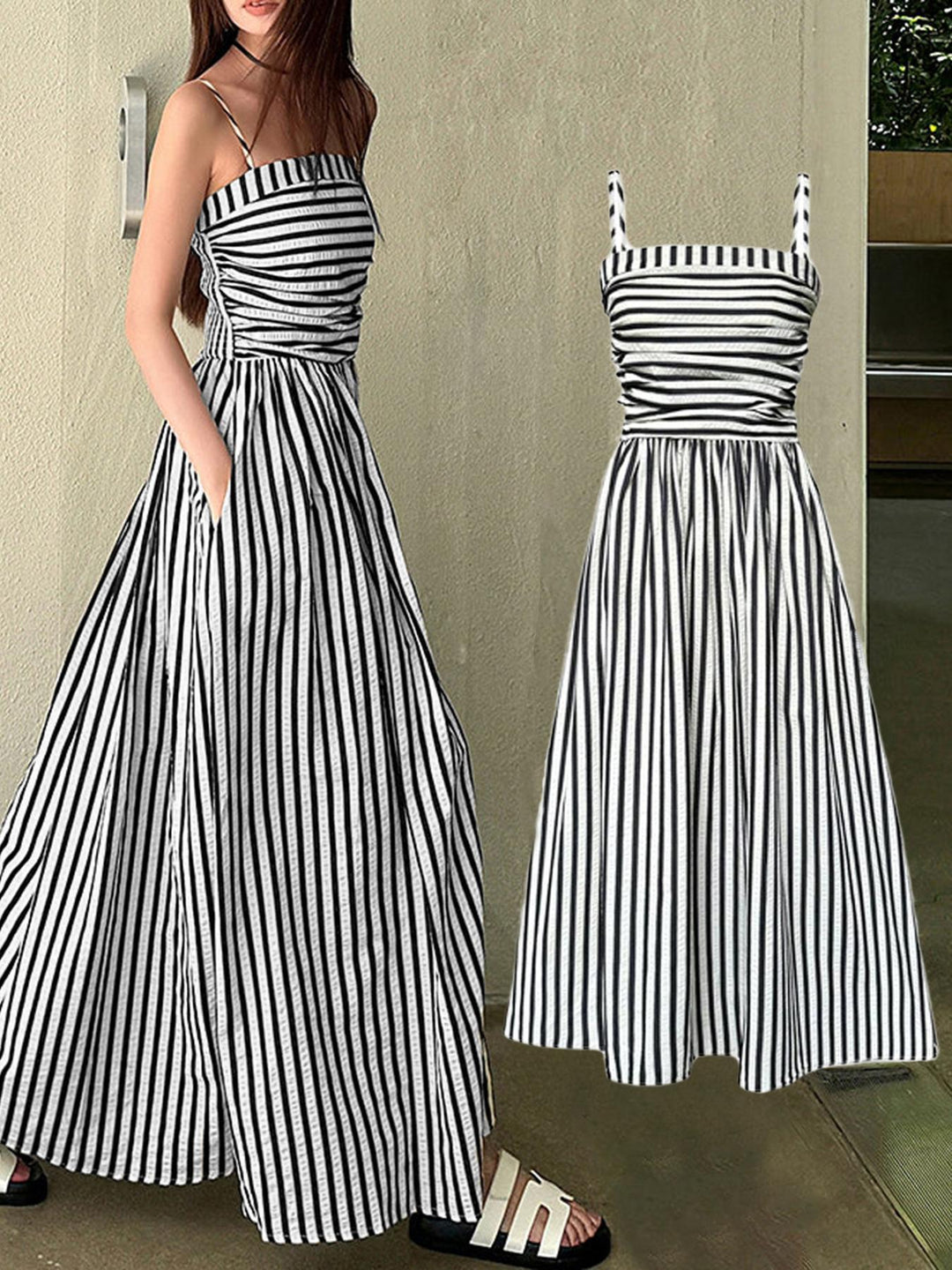 Damen Maxikleid mit schmalen Trägern und raffinierten Falten EB
